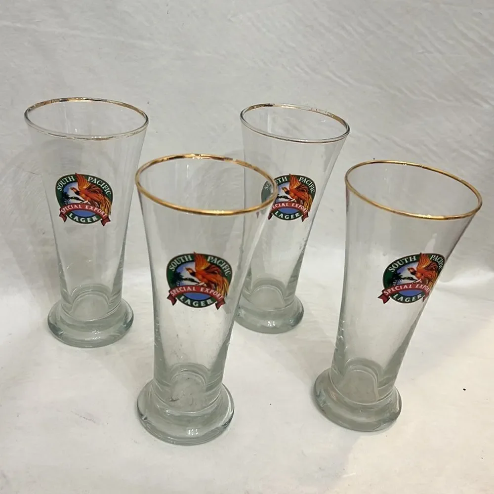 South Pacific Lager Special Export Beer Glasses 12 Oz Each Set 4 Gold Trimmed